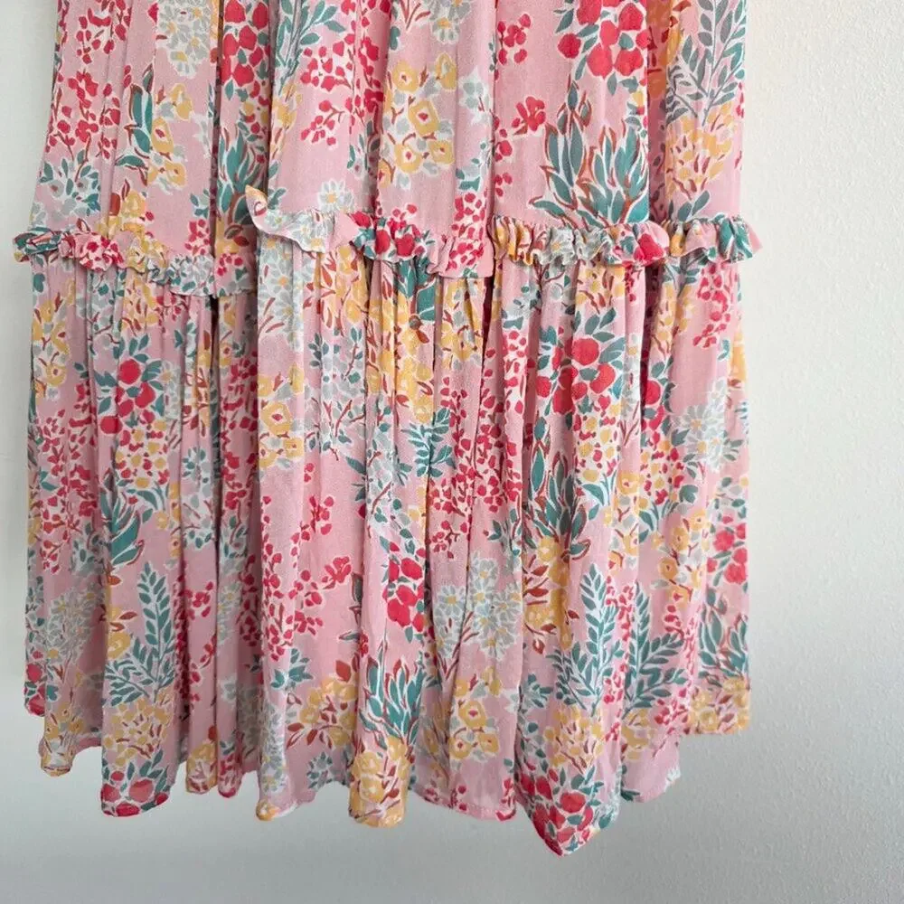 Boden Pink Floral Tiered Midi Dress Long Sleeve Viscose Belted Maxi Size 6R 6